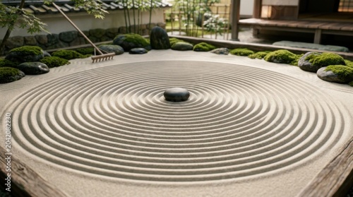 Zen garden with meticulously raked sand forming concentric circles around a central stone, surrounded by moss and rocks, with a traditional Japanese building in the background