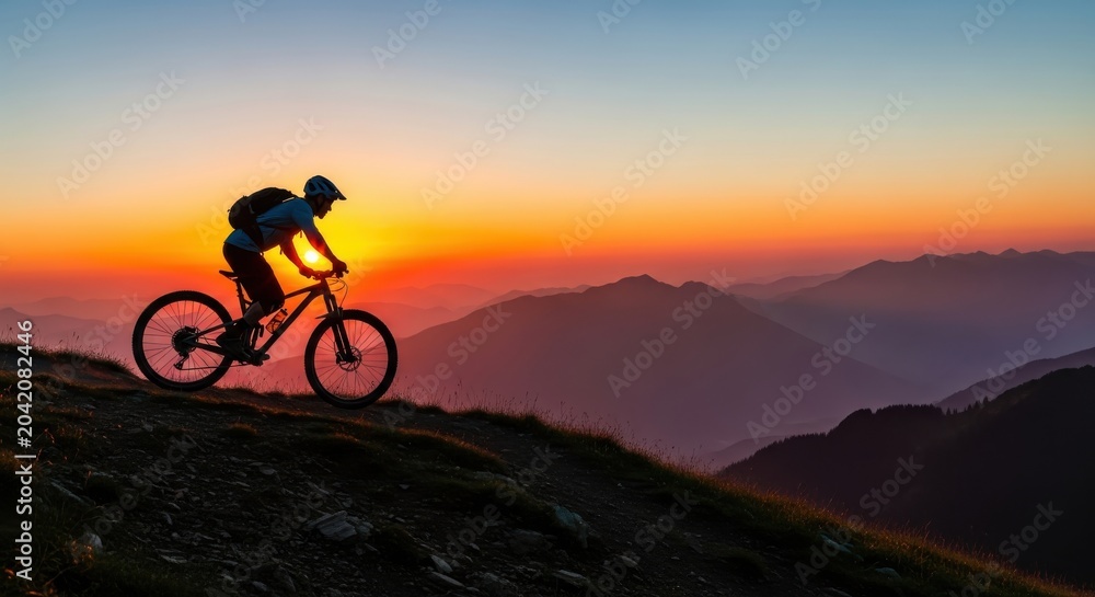 Fototapeta premium Silhouette of a Mountain Biker Riding on a High Alpine Ridge at Sunset with Majestic Mountain Peaks in the Background