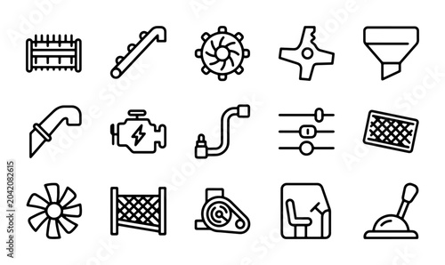 Foto Agricultural Machinery Icons, Farming Equipment Vector Set, Farm Vehicle Parts,