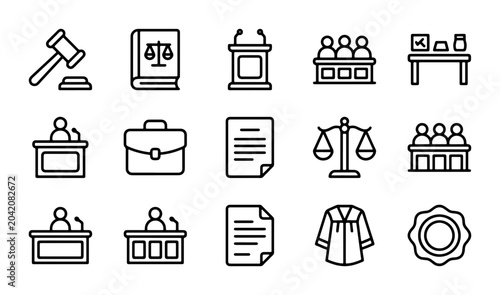 Bild auf Leinwand Justice Icons Set: Gavel, Scales, Law Book, Courtroom, Judge, Legal Symbols Vect