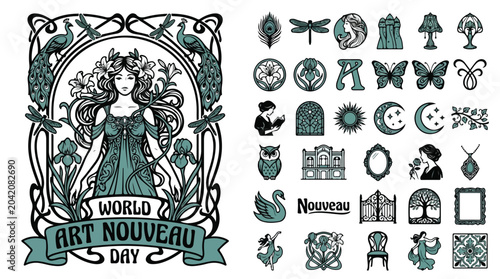 Fotografi Art Nouveau vector illustration set, vintage floral woman poster for World Art N