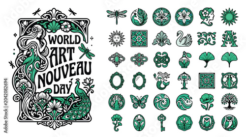 Billede på lærred Art Nouveau design elements, vintage floral ornaments and peacock illustrations,