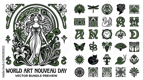 Foto Art Nouveau vector bundle for World Art Nouveau Day, vintage floral goddess illu