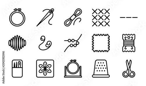 Fotografie Embroidery Icons Set, Sewing Tools Collection, Craft Supplies Vector Graphics, N