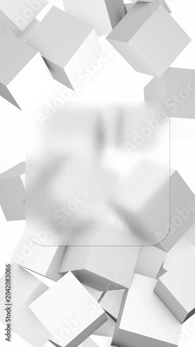 Vertical video with white cubes moving behind a blank frosted glass card, minimal mockup template with copy space for custom text and branding 3D animation
