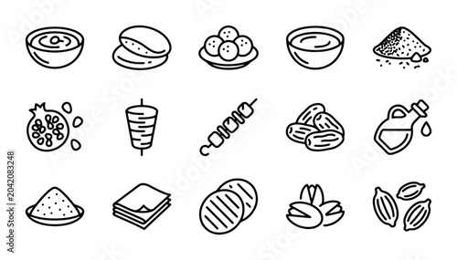 Bild auf Leinwand Middle Eastern Food Icons, Hummus, Shawarma, Dates, Pistachios, Spices, Vector S
