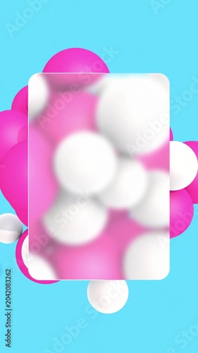 Vertical video with pink and white spheres moving behind a blank frosted glass card, glassmorphism template with copy space for text or branding 3D animation