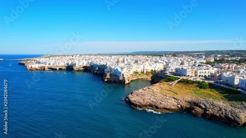 Polignano a Mare - Italy, Apulia - aerial view of the town with a view of the houses on the cliffs
