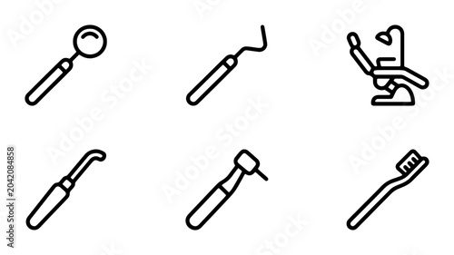 Photos Dental Tools Vector Icons Set: Mirror, Probe, Chair, Scaler, Drill, Toothbrush