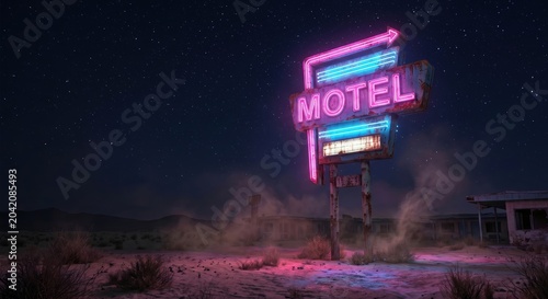 Neon motel sign in the desert night