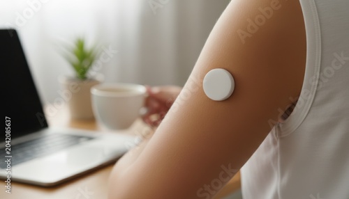Woman wearing continuous glucose monitor on arm while working at laptop with coffee cup in office