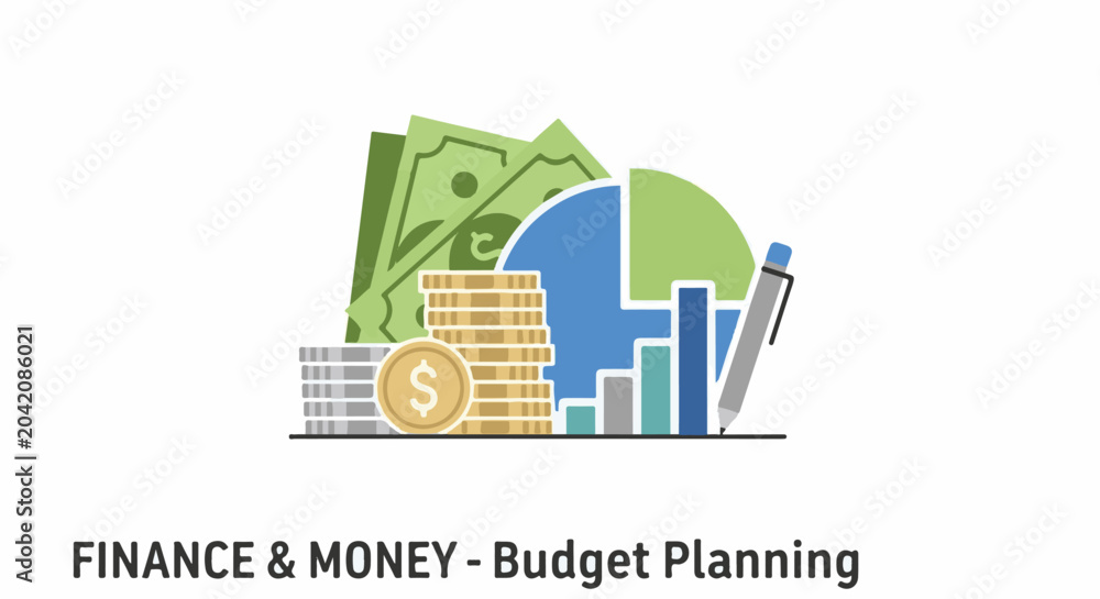 Fototapeta premium Financial planning graphic with stacked coins, bills, charts, and pen