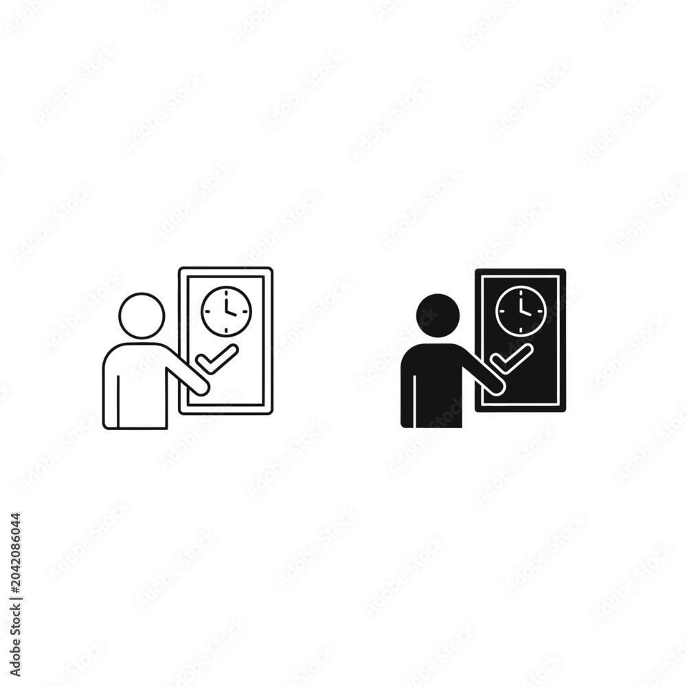 Fototapeta premium Time management icon set, outline and solid, white background, vector illustration
