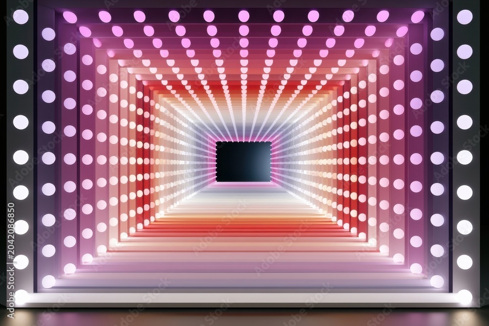 Fototapeta premium Neon light tunnel corridor with geometric LED dots and colorful illuminated pathway