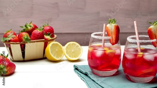 Two glasses of vibrant red strawberry lemonade with sugared rims and ice cubes sit on a white table. Fresh strawberries in a basket and sliced lemons decorate the bright, rustic background.