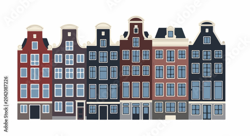 Row of tall, narrow, colorful European-style buildings with windows