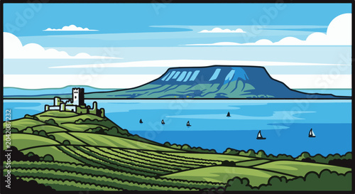 Rural coastal landscape with ancient castle ruins and sailboats on the water