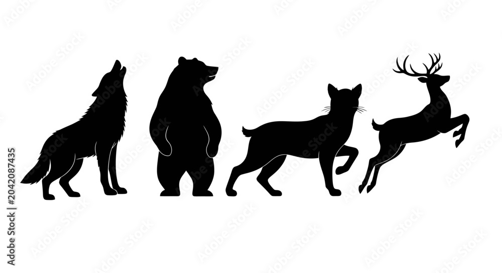Fototapeta premium North American Wildlife Silhouette Collection Featuring Four Animals.