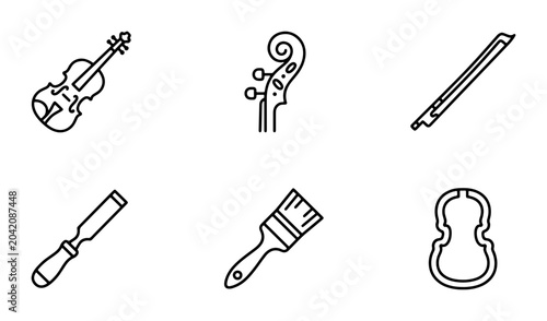 Foto Violin Maker Tools, Musical Instrument Parts, Craftsmanship Icons, Vector Set