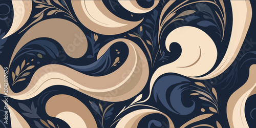 Elegant seamless vector pattern with luxurious paisley waves and botanical elements. Modern floral ornament in dark navy blue, beige, and tan colors for luxury textiles