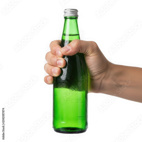 Hand holding refreshing cold green glass bottle with water drops and metal cap isolated on transparent background.