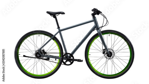 Foto Gray urban bicycle with bright green wheel rims and disc brakes