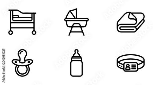 Tableau sur toile Baby Care Icons: Crib, Bassinet, Blanket, Pacifier, Bottle, ID Tag Set