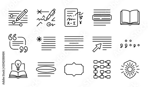 Foto Writing and Text Icons: Document, Quote, Edit, Book, Idea, Flowchart, Shield
