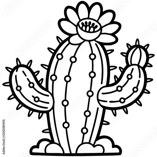 Fotografie Simple Coloring Book Style Cactus Line Art With Side Arms and Floral Crown Desig