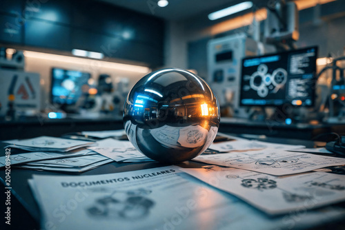 Esfera metálica cromada sobre planos y documentos nucleares en un laboratorio científico moderno. Concepto de energía nuclear, investigación física, ingeniería y tecnología.