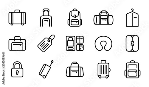 Fotografija Travel Luggage Icons Set: Suitcases, Bags, Backpacks, Tags, Lock, Hanger, Neck P