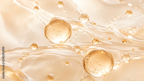 Luxury Abstract Golden Bubbles in Flowing Transparent Liquid with Soft Nude Background