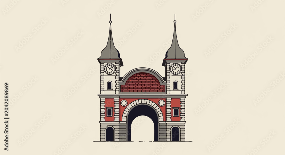 Obraz premium A symmetrical red and grey stone archway with twin clock towers and spires