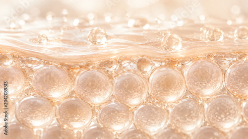 Abstract Golden Cosmetic Bubbles Floating in Transparent Liquid Luxury Skincare Background