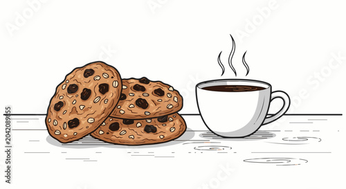 Stacked chocolate chip cookies next to a steaming mug of coffee on a wooden surface