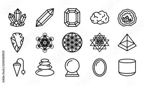 Tableau sur toile Mystical Symbols and Gemstones Vector Icons, Spiritual Geometric Shapes, Crystal