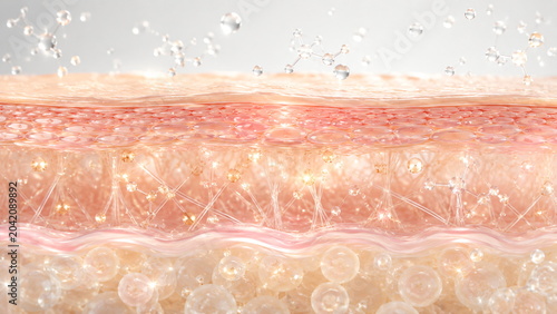 3D Skin Hydration Cross Section with Collagen Network and Floating Moisture Molecules