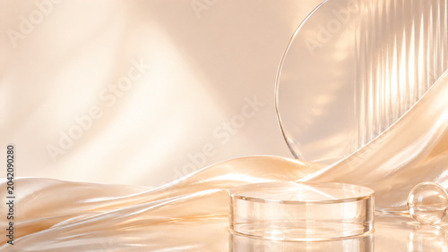 Elegant Transparent Podium with Flowing Nude Silk and Glass Sphere Luxury Display Background