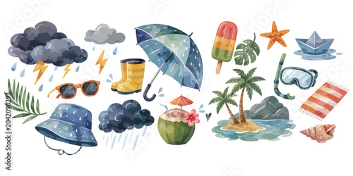 Cuadro en lienzo Watercolor tropical rainy season and beach weather elements