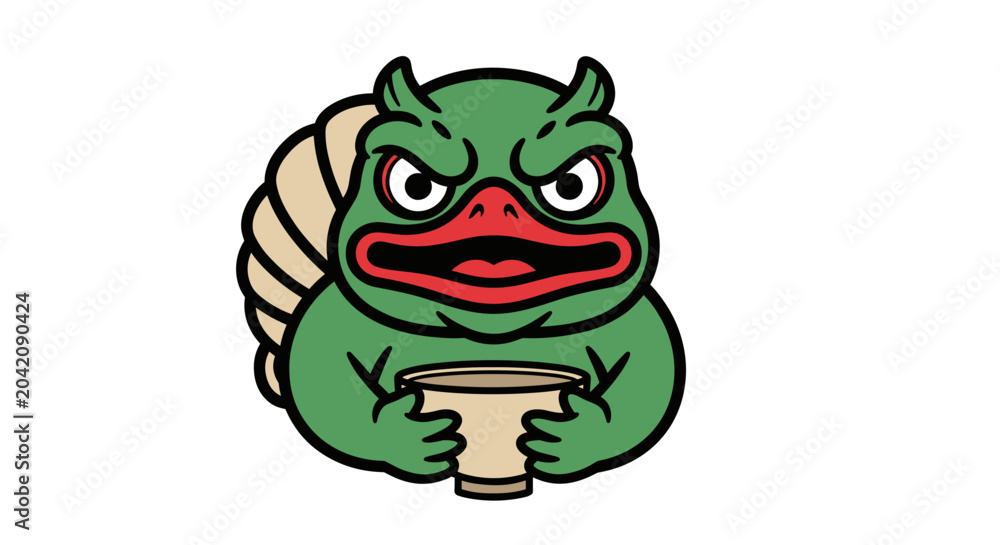 Fototapeta premium Green cartoon monster holding a cup with angry expression.