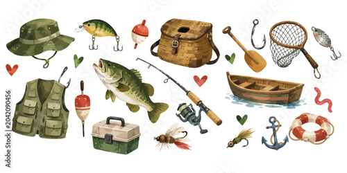Foto Watercolor fishing equipment and gear elements