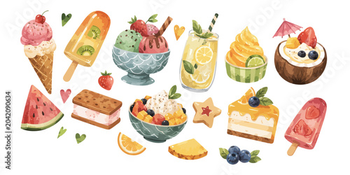 Watercolor summer fruit desserts and ice cream elements 