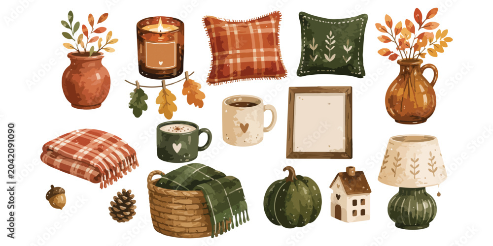 Fototapeta premium Watercolor cozy autumn home decor and hygge interior elements