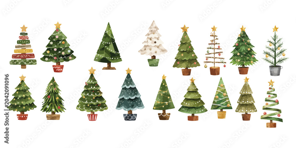 Obraz premium Watercolor Christmas trees collection and festive pine elements