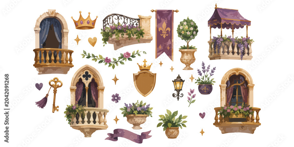 Naklejka premium Watercolor royal castle balcony and architecture elements