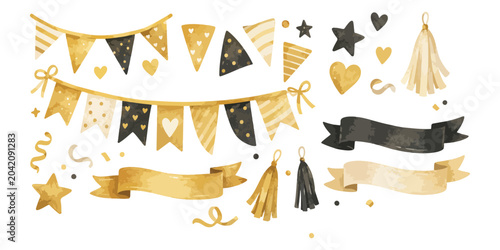 Canvas-taulu Watercolor black and gold party decorations and luxury bunting elements