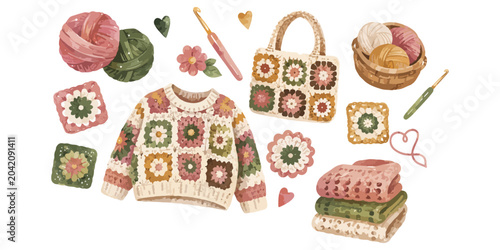 Obraz na płótnie Watercolor crochet and granny square elements