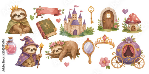 Εκτύπωση καμβά Watercolor fairy tale sloth and castle elements