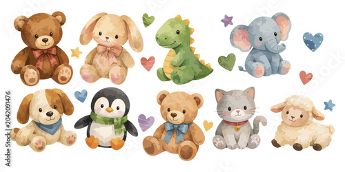 Slika na platnu Cute watercolor baby animals plush toys clipart