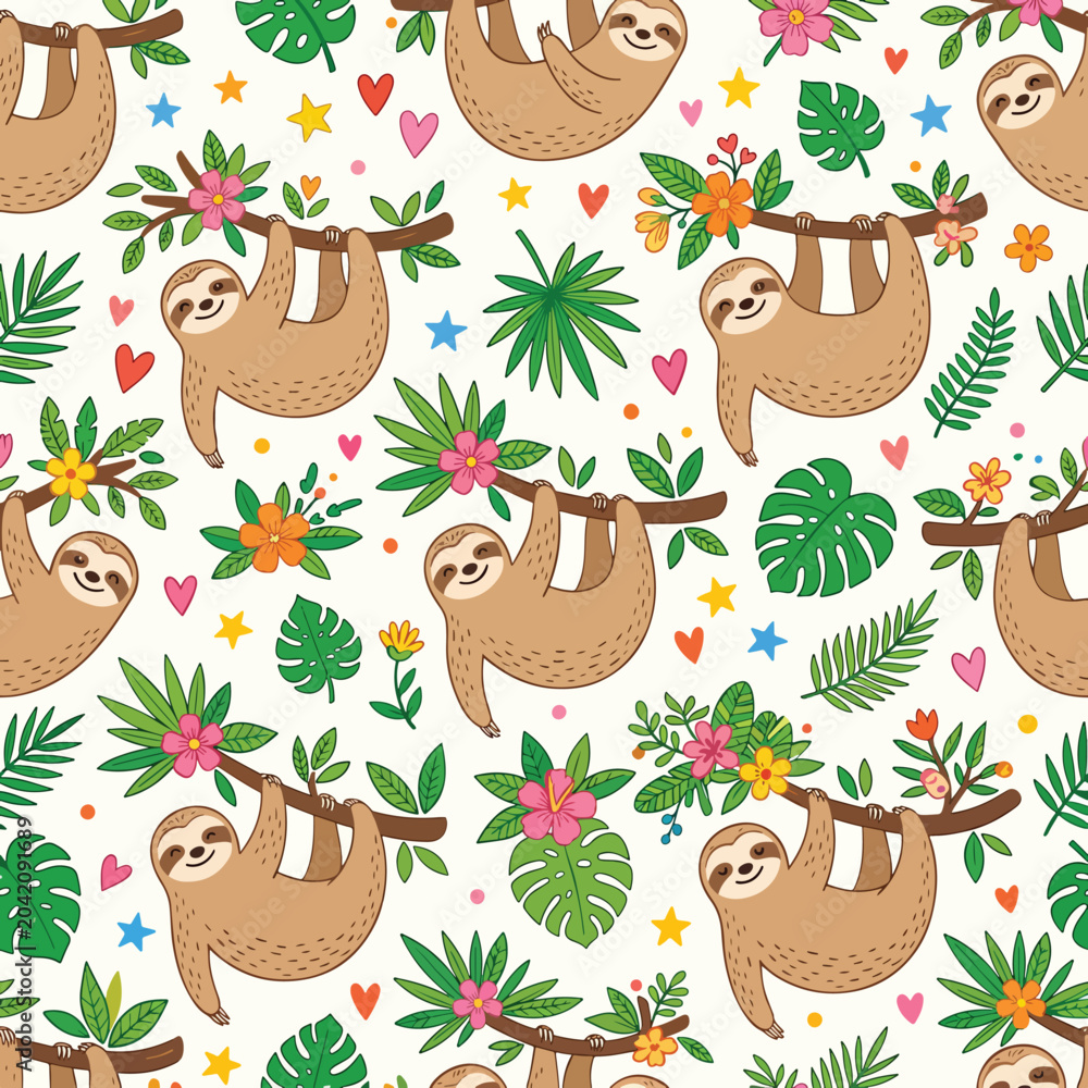 Fototapeta premium Pattern Vector Illustration of Sloths Hanging on Branches with Tropical Foliage in Modern Cute Style